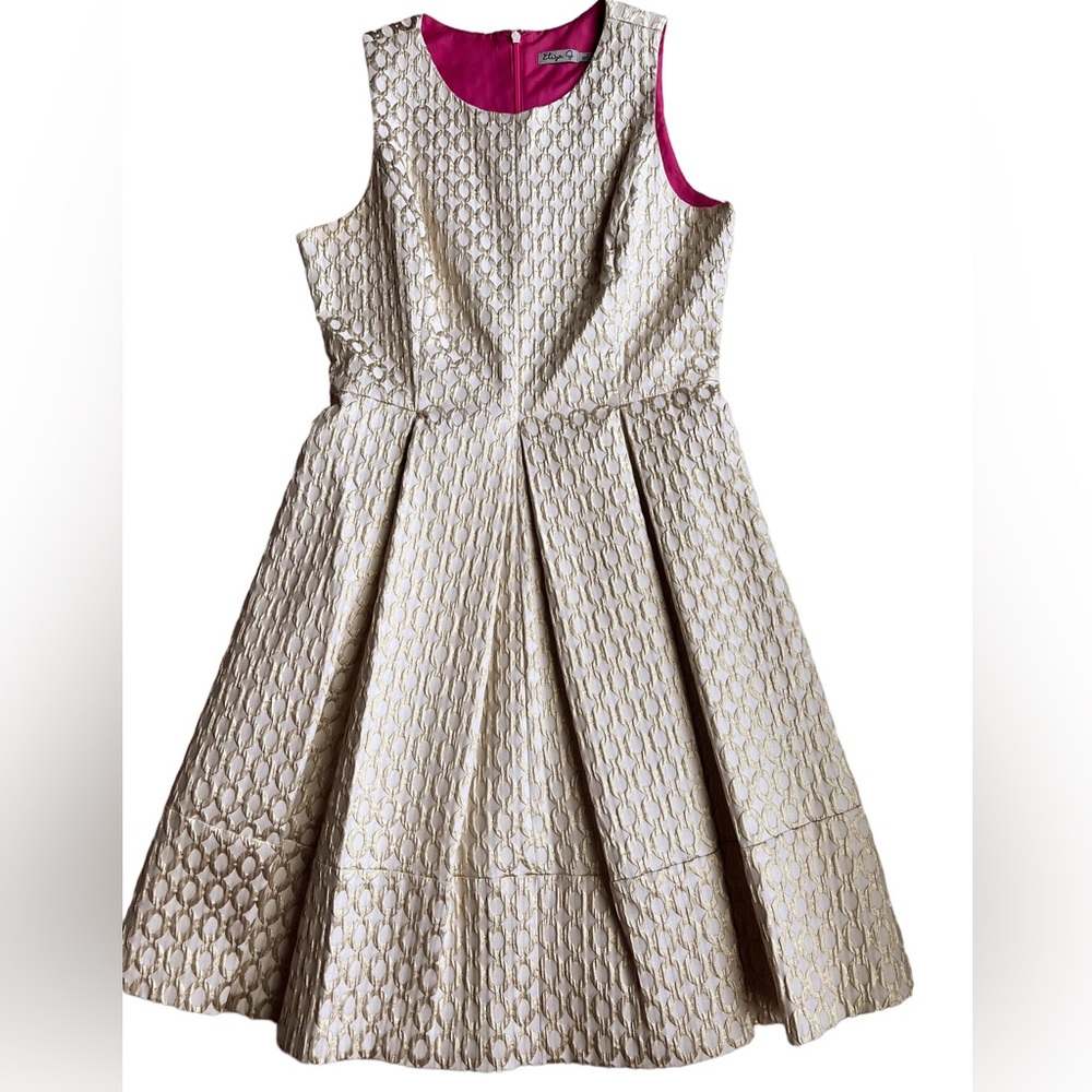 Sleeveless Gold-Patterned Fit & Flare Dress with Pink Lining